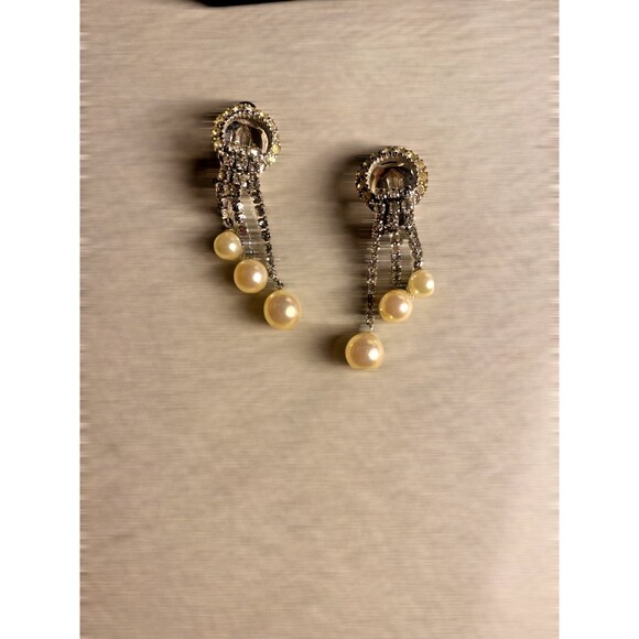 Vintage Bridal Ciner Dangling Faux Pearl Rhinestone Earrings - Picture 1 of 5